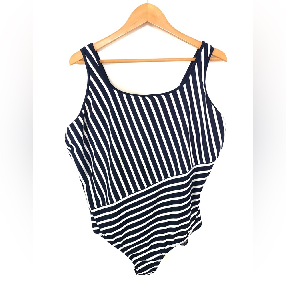 Lands' End One Piece Swimsuit Nautical Navy Stripe Coastal Swim Size 22W Plus